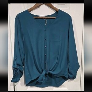 Furnex Women's L Dark Green Blouse Tie Waist 3/4 Sleeve Fairy Whimsigoth Career